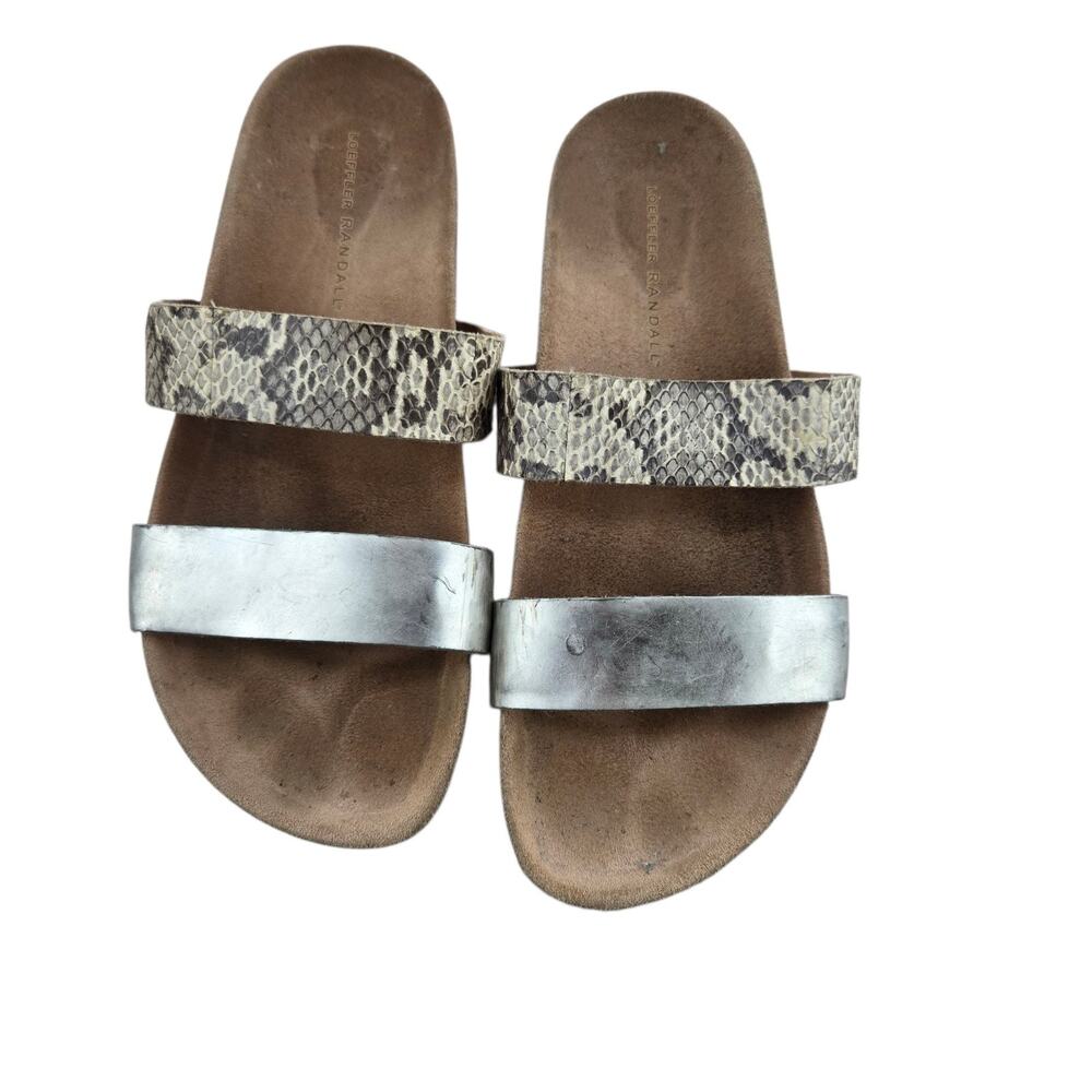 Loeffler Randal Sandals Womens 9 Slip On Cork Cream Snake Print Silver Leather - Picture 5 of 13